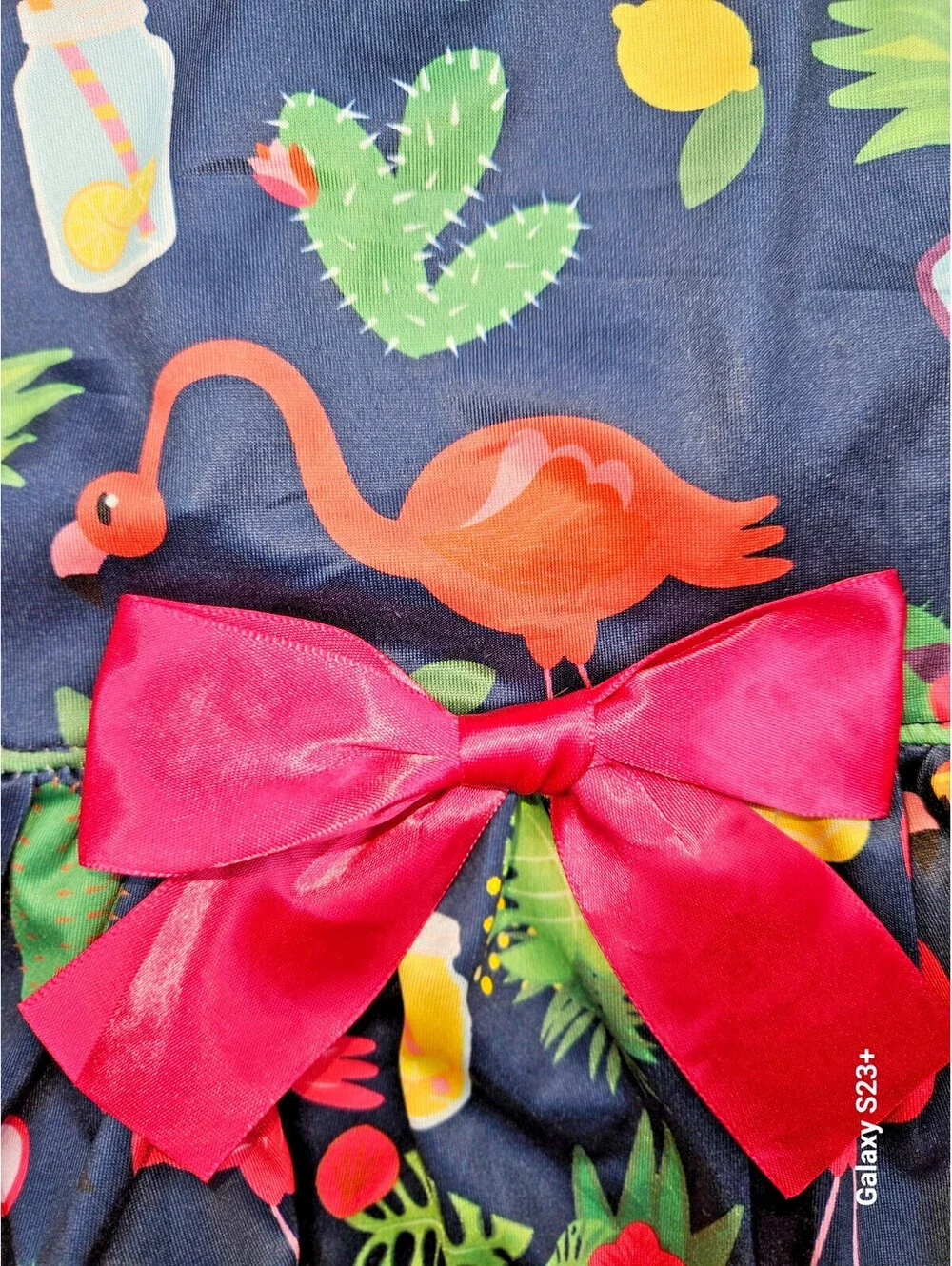 Dog Dress tropical print with flamingos, pineapples &cacti with bright pink bow